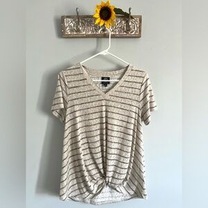 BOBEAU Women’s V-neck Twist Hem T-shirt-Oatmeal/Raindrum color-Size Medium